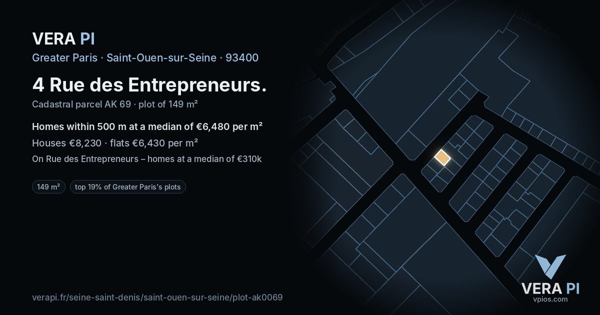 4 Rue des Entrepreneurs, Saint-Ouen-sur-Seine at night – the plot lit, the parcels around coloured by the prices near them