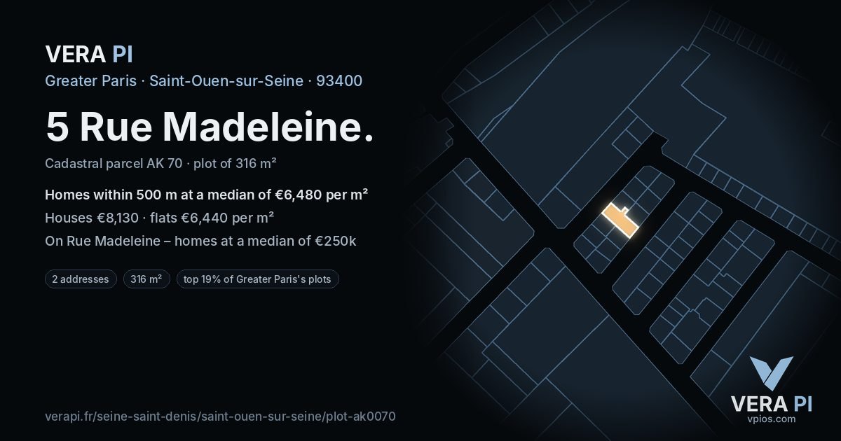 5 Rue Madeleine, Saint-Ouen-sur-Seine at night – the plot lit, the parcels around coloured by the prices near them