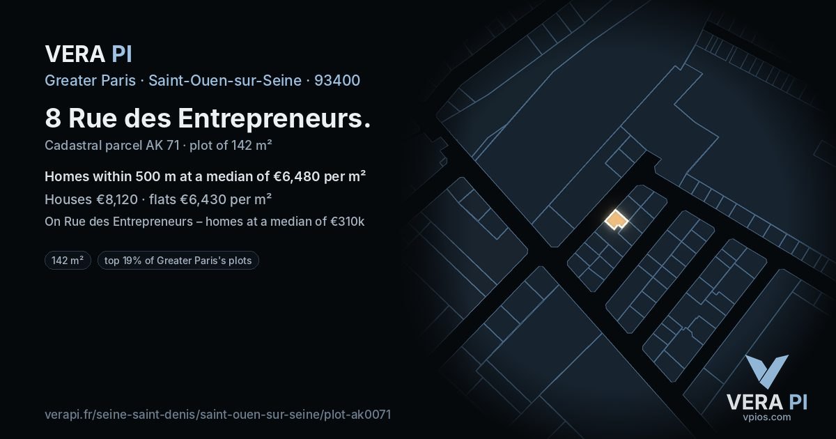 8 Rue des Entrepreneurs, Saint-Ouen-sur-Seine at night – the plot lit, the parcels around coloured by the prices near them