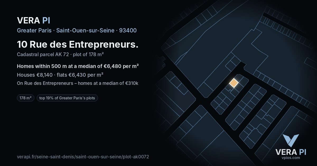 10 Rue des Entrepreneurs, Saint-Ouen-sur-Seine at night – the plot lit, the parcels around coloured by the prices near them