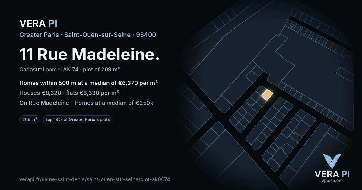 11 Rue Madeleine, Saint-Ouen-sur-Seine at night – the plot lit, the parcels around coloured by the prices near them