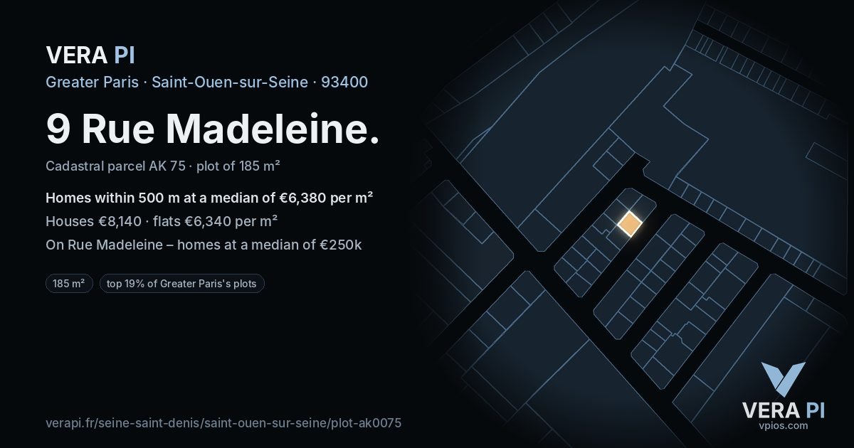9 Rue Madeleine, Saint-Ouen-sur-Seine at night – the plot lit, the parcels around coloured by the prices near them