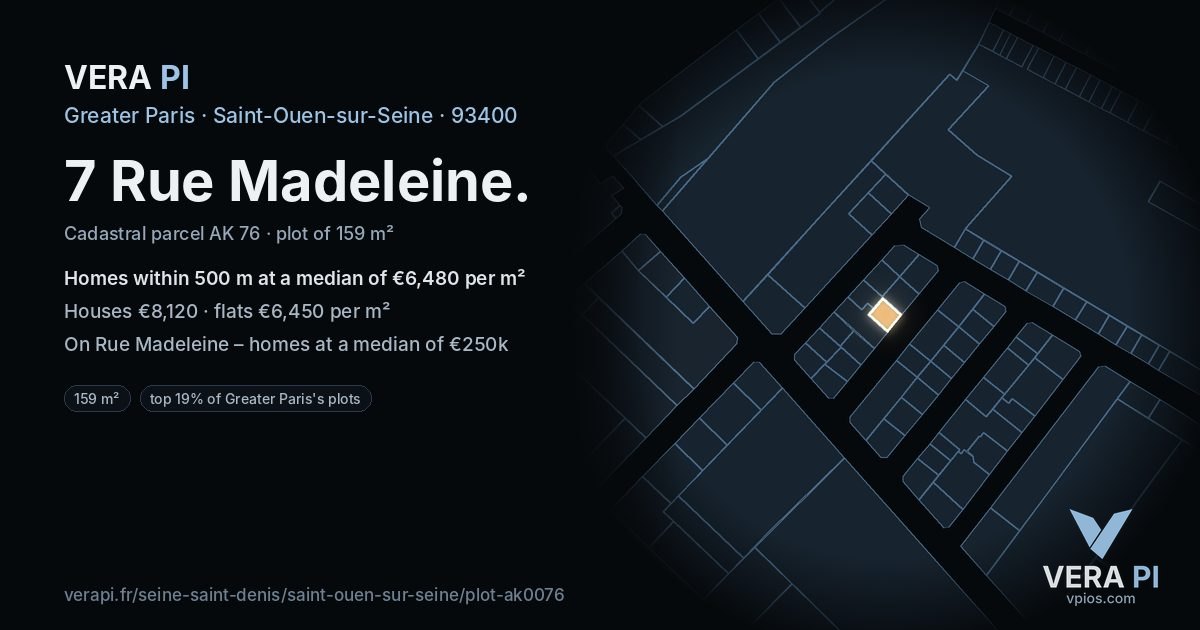 7 Rue Madeleine, Saint-Ouen-sur-Seine at night – the plot lit, the parcels around coloured by the prices near them