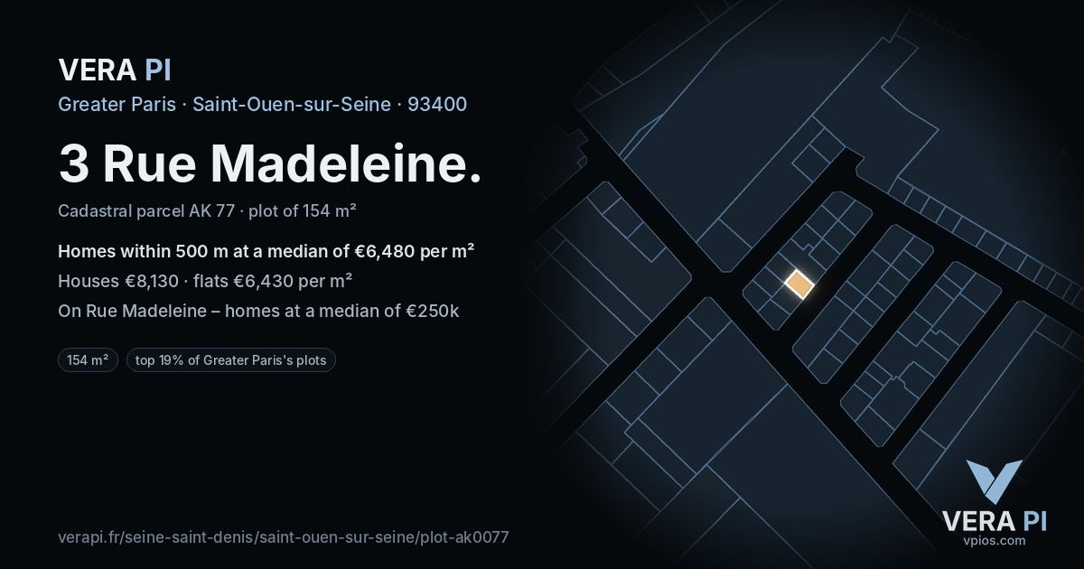 3 Rue Madeleine, Saint-Ouen-sur-Seine at night – the plot lit, the parcels around coloured by the prices near them