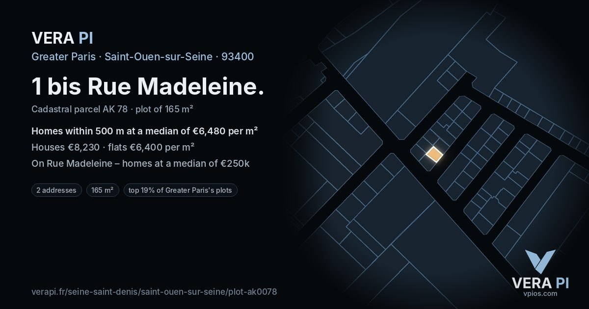 1 bis Rue Madeleine, Saint-Ouen-sur-Seine at night – the plot lit, the parcels around coloured by the prices near them