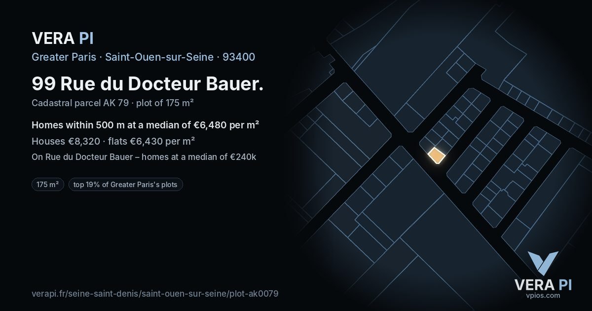 99 Rue du Docteur Bauer, Saint-Ouen-sur-Seine at night – the plot lit, the parcels around coloured by the prices near them