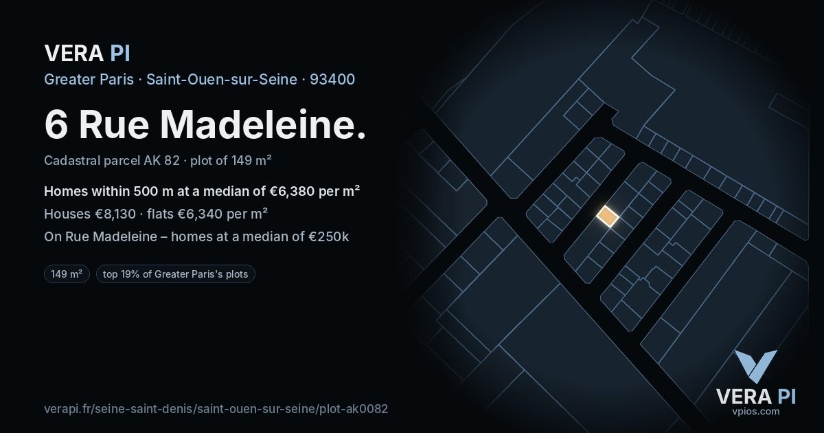 6 Rue Madeleine, Saint-Ouen-sur-Seine at night – the plot lit, the parcels around coloured by the prices near them
