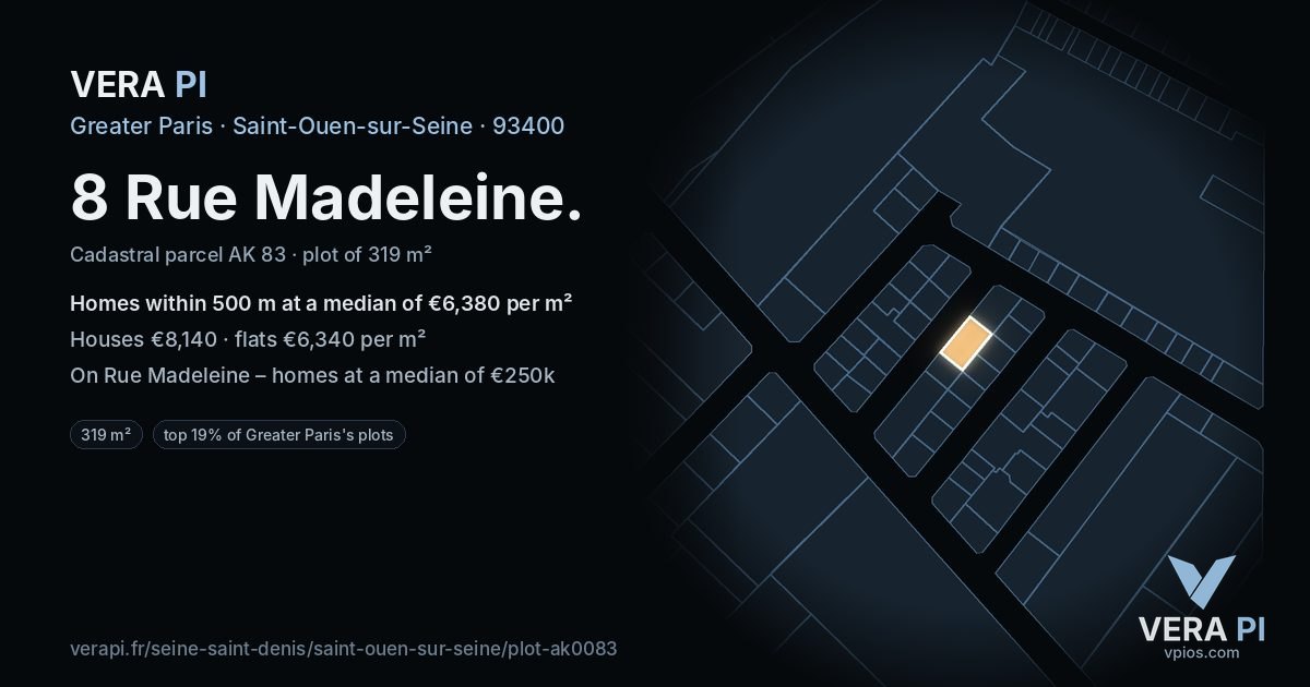 8 Rue Madeleine, Saint-Ouen-sur-Seine at night – the plot lit, the parcels around coloured by the prices near them