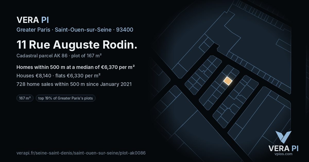 11 Rue Auguste Rodin, Saint-Ouen-sur-Seine at night – the plot lit, the parcels around coloured by the prices near them
