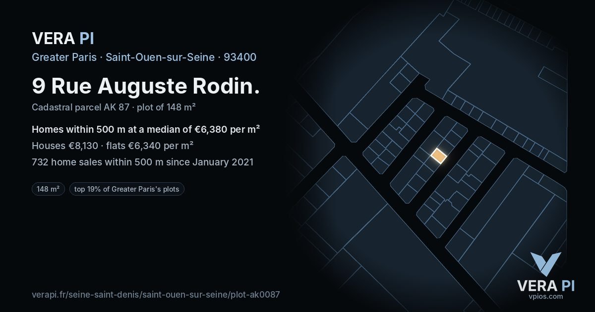 9 Rue Auguste Rodin, Saint-Ouen-sur-Seine at night – the plot lit, the parcels around coloured by the prices near them