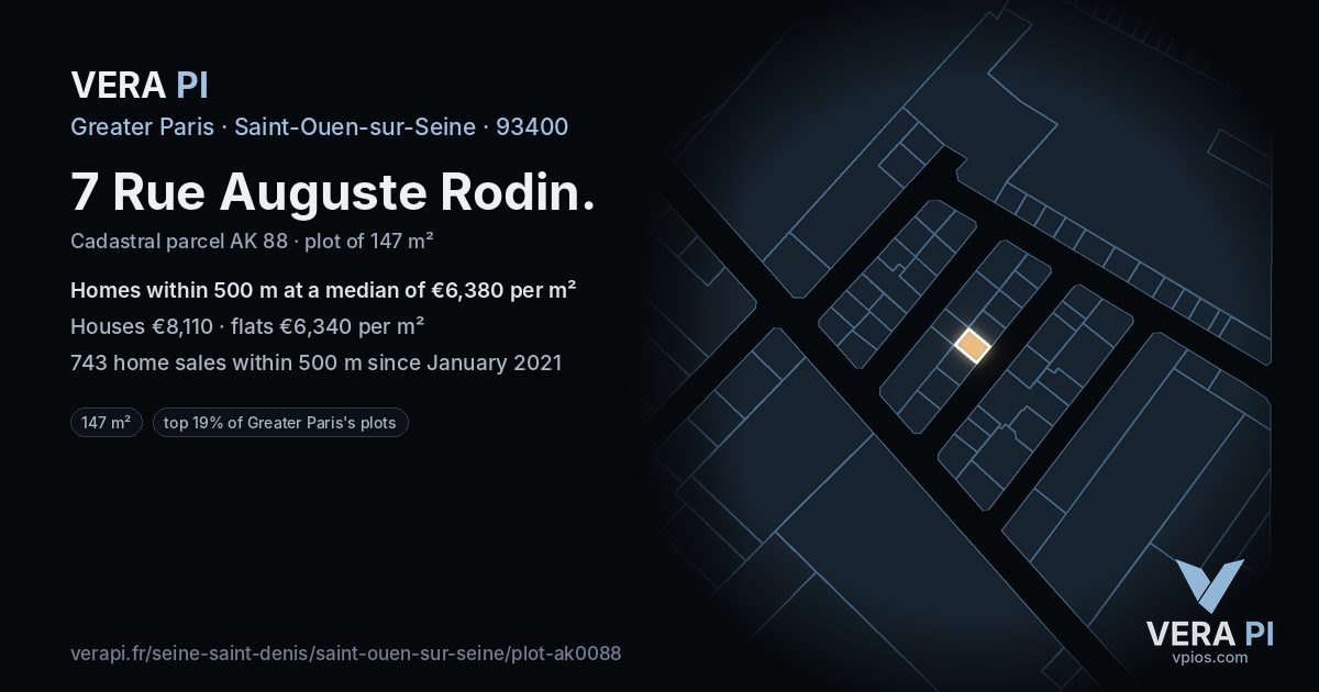7 Rue Auguste Rodin, Saint-Ouen-sur-Seine at night – the plot lit, the parcels around coloured by the prices near them