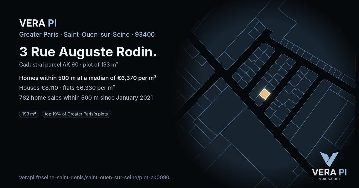 3 Rue Auguste Rodin, Saint-Ouen-sur-Seine at night – the plot lit, the parcels around coloured by the prices near them