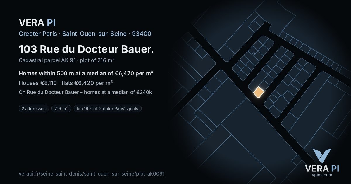 103 Rue du Docteur Bauer, Saint-Ouen-sur-Seine at night – the plot lit, the parcels around coloured by the prices near them