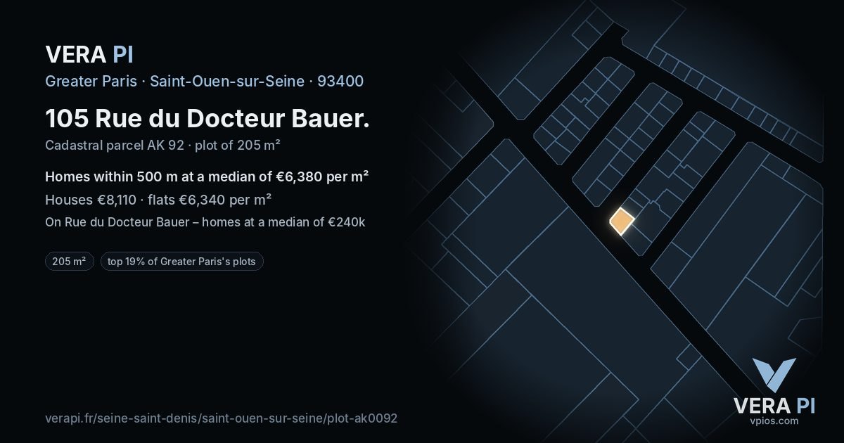 105 Rue du Docteur Bauer, Saint-Ouen-sur-Seine at night – the plot lit, the parcels around coloured by the prices near them