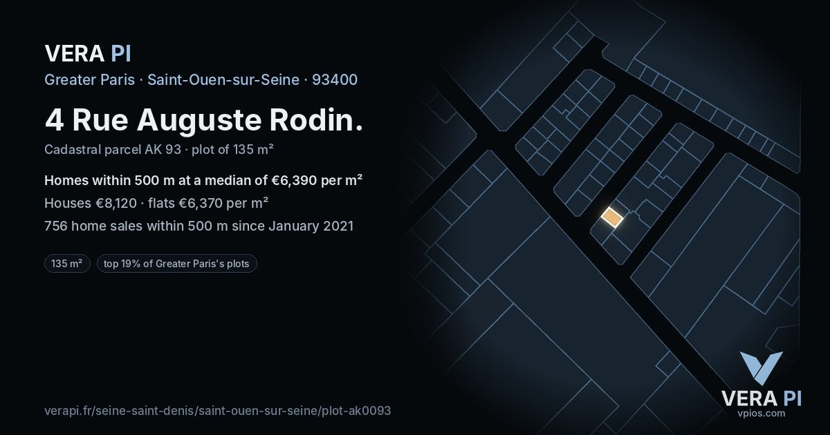 4 Rue Auguste Rodin, Saint-Ouen-sur-Seine at night – the plot lit, the parcels around coloured by the prices near them