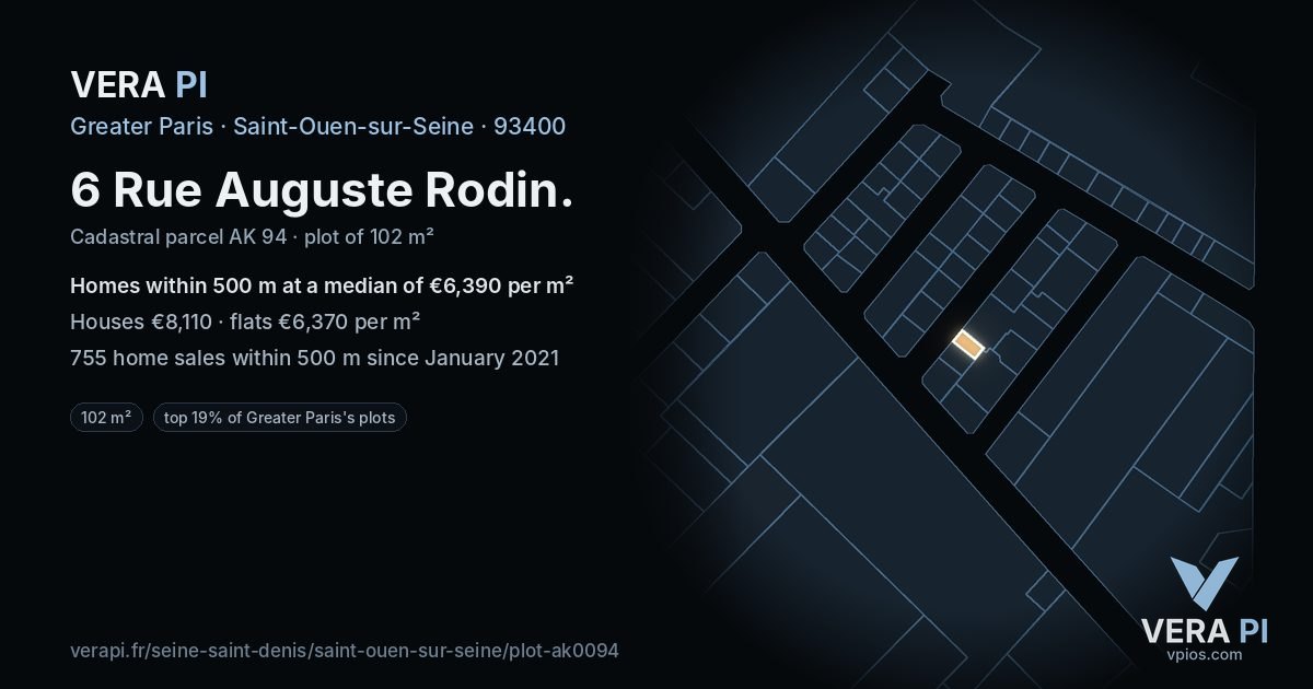 6 Rue Auguste Rodin, Saint-Ouen-sur-Seine at night – the plot lit, the parcels around coloured by the prices near them