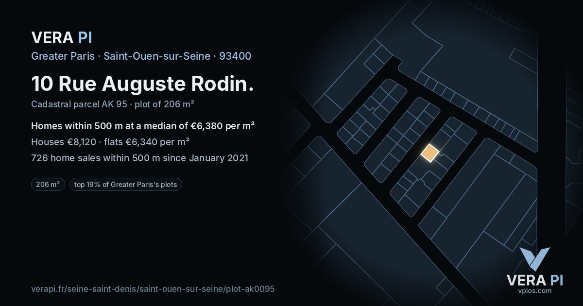 10 Rue Auguste Rodin, Saint-Ouen-sur-Seine at night – the plot lit, the parcels around coloured by the prices near them