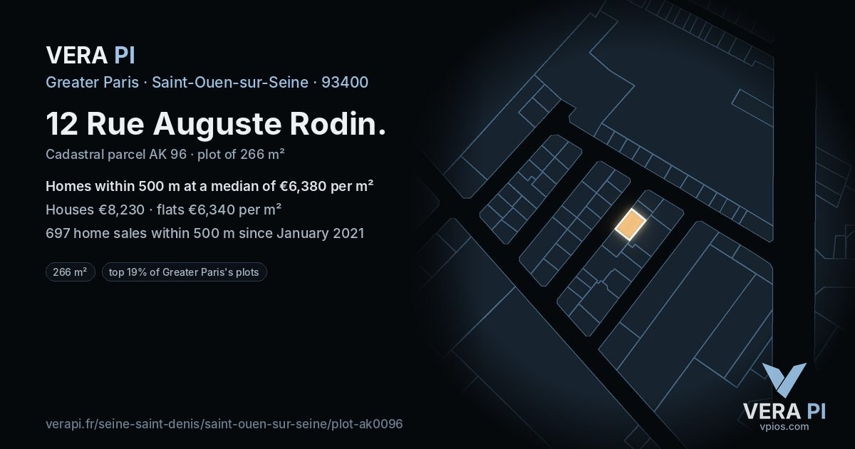 12 Rue Auguste Rodin, Saint-Ouen-sur-Seine at night – the plot lit, the parcels around coloured by the prices near them
