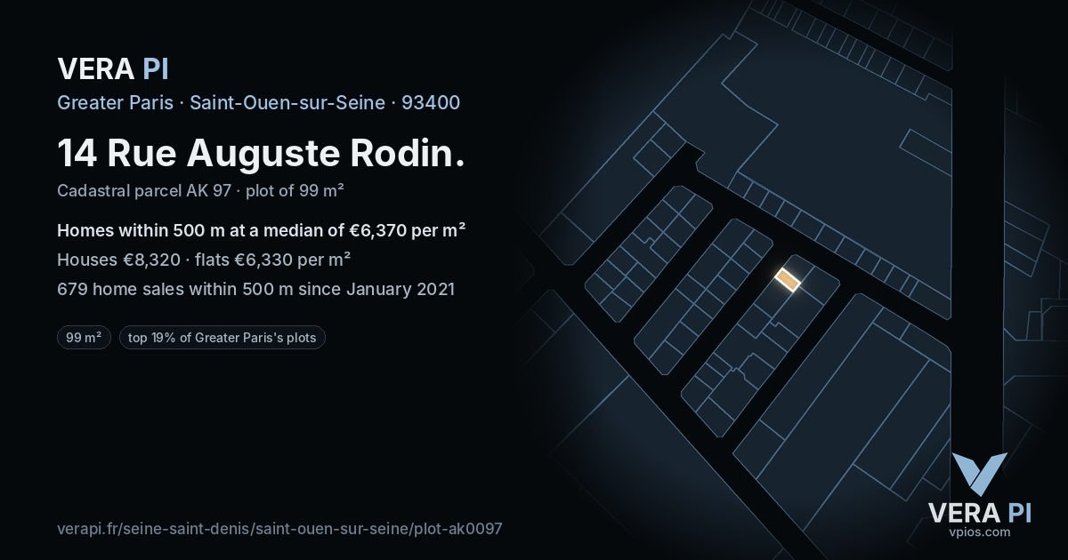 14 Rue Auguste Rodin, Saint-Ouen-sur-Seine at night – the plot lit, the parcels around coloured by the prices near them