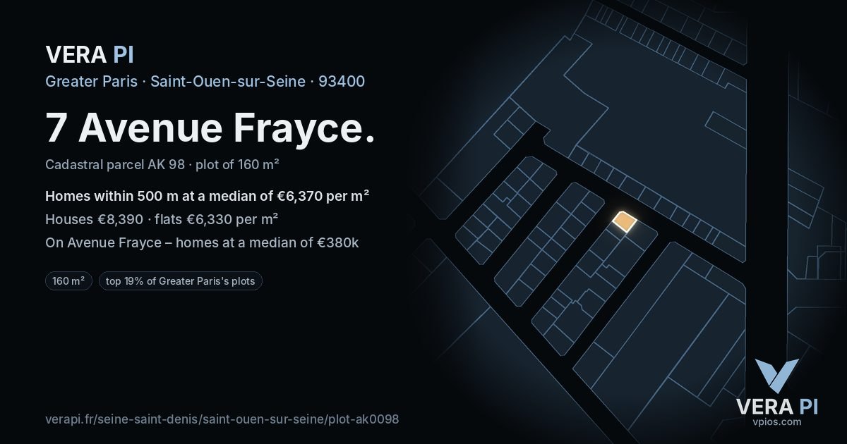7 Avenue Frayce, Saint-Ouen-sur-Seine at night – the plot lit, the parcels around coloured by the prices near them