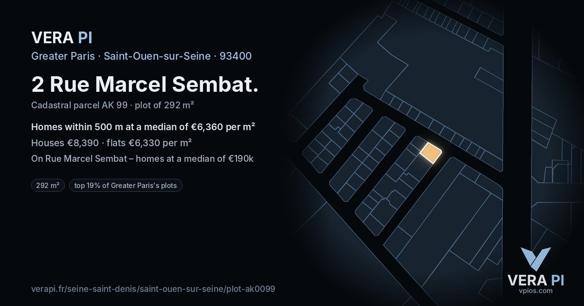 2 Rue Marcel Sembat, Saint-Ouen-sur-Seine at night – the plot lit, the parcels around coloured by the prices near them