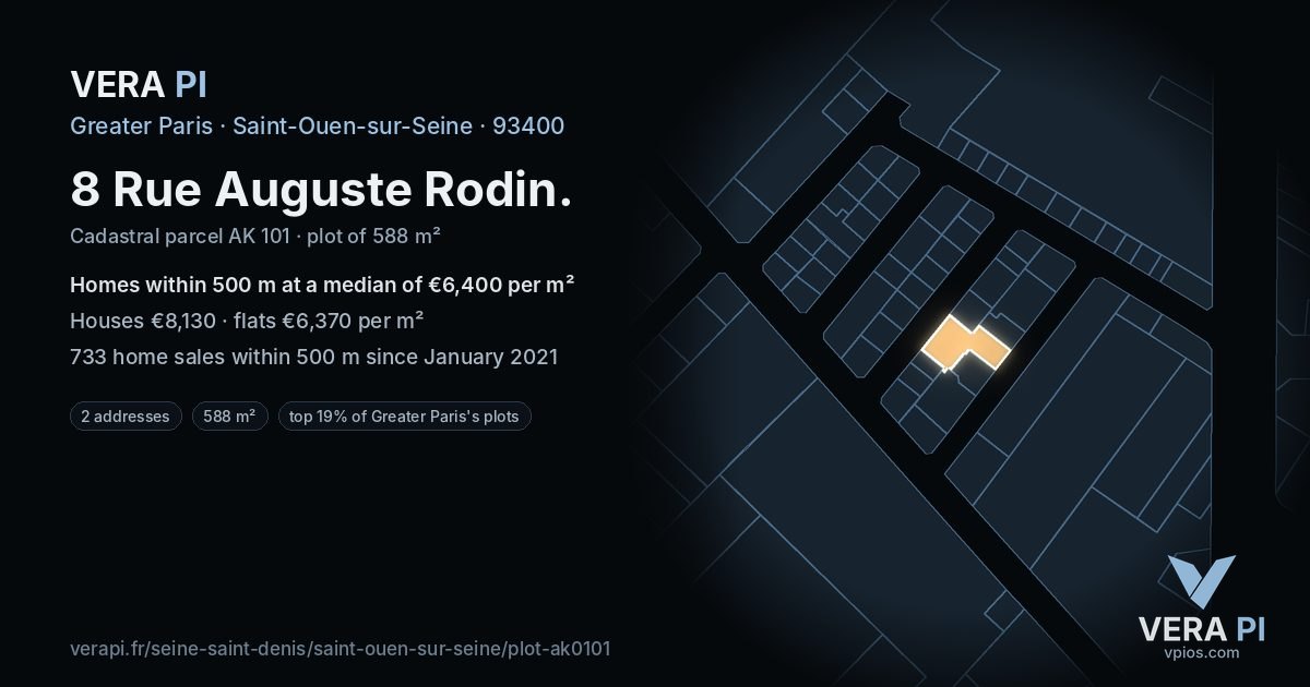 8 Rue Auguste Rodin, Saint-Ouen-sur-Seine at night – the plot lit, the parcels around coloured by the prices near them