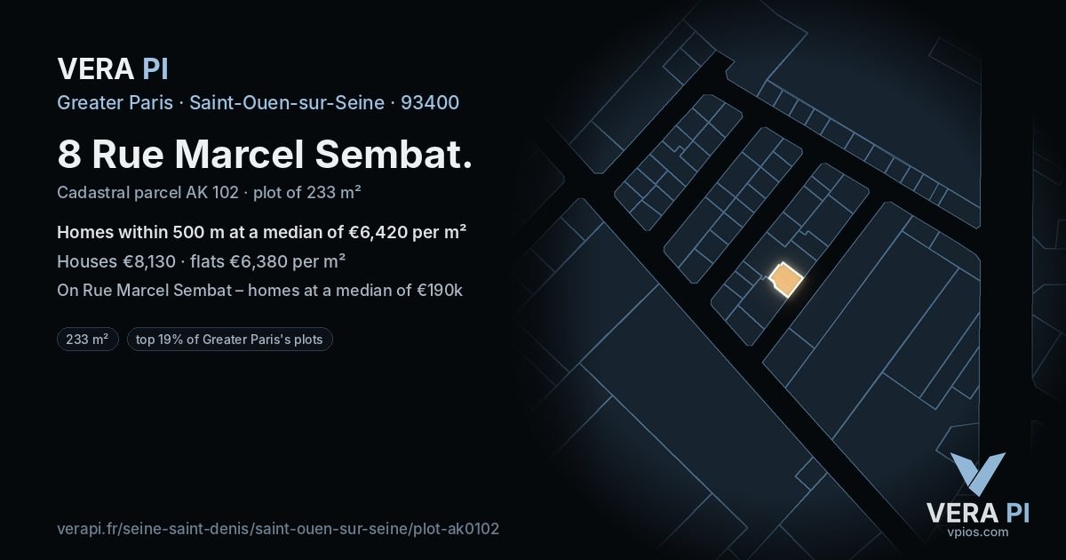 8 Rue Marcel Sembat, Saint-Ouen-sur-Seine at night – the plot lit, the parcels around coloured by the prices near them