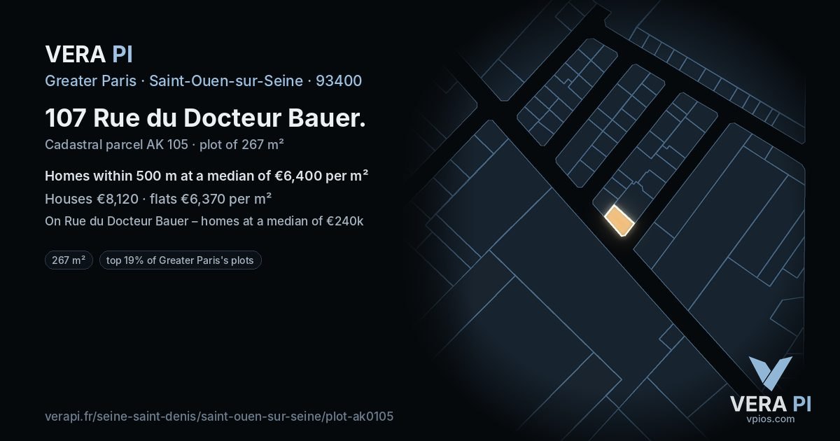107 Rue du Docteur Bauer, Saint-Ouen-sur-Seine at night – the plot lit, the parcels around coloured by the prices near them