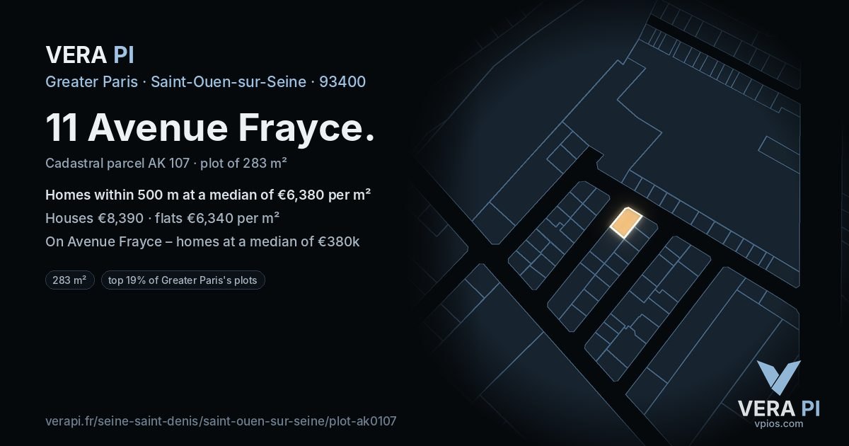 11 Avenue Frayce, Saint-Ouen-sur-Seine at night – the plot lit, the parcels around coloured by the prices near them