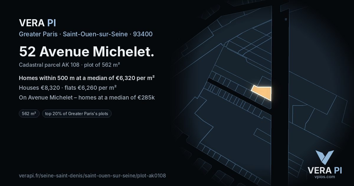 52 Avenue Michelet, Saint-Ouen-sur-Seine at night – the plot lit, the parcels around coloured by the prices near them