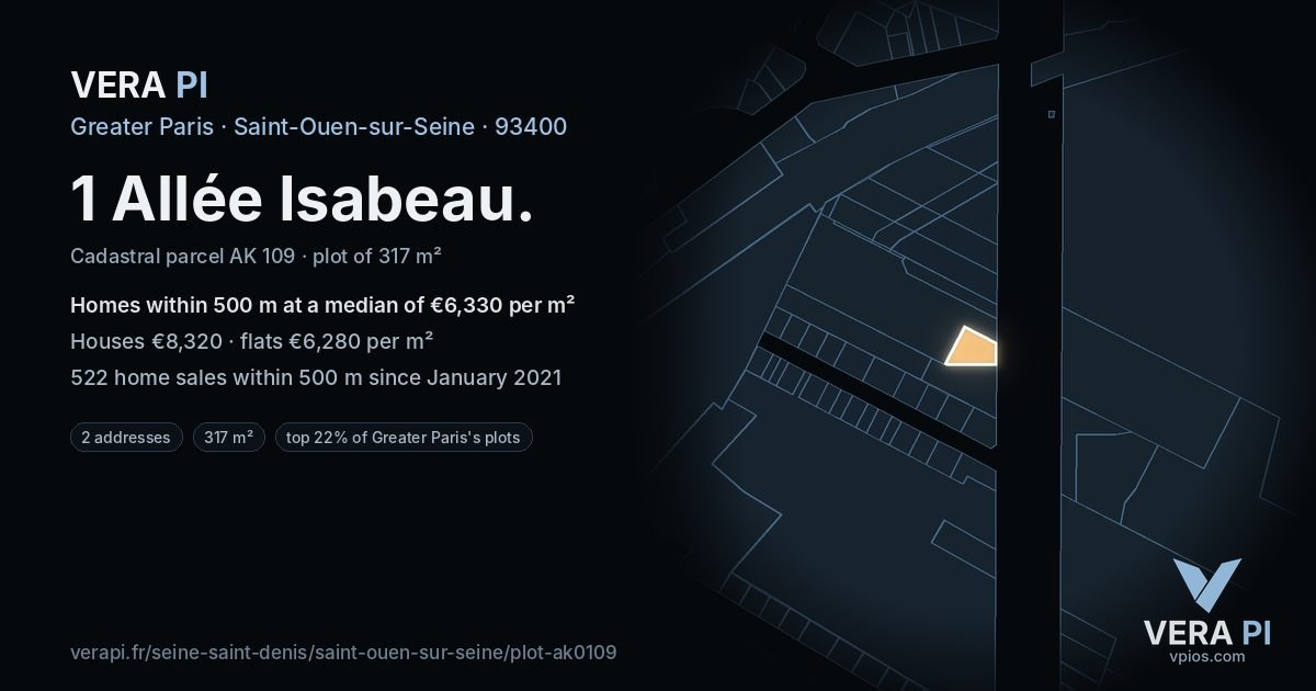 1 Allée Isabeau, Saint-Ouen-sur-Seine at night – the plot lit, the parcels around coloured by the prices near them