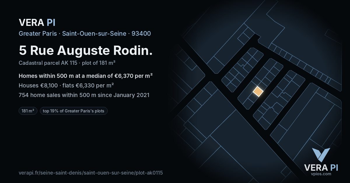 5 Rue Auguste Rodin, Saint-Ouen-sur-Seine at night – the plot lit, the parcels around coloured by the prices near them