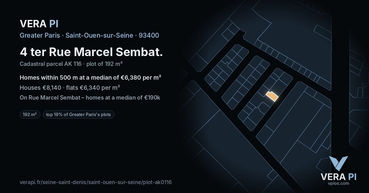 4 ter Rue Marcel Sembat, Saint-Ouen-sur-Seine at night – the plot lit, the parcels around coloured by the prices near them