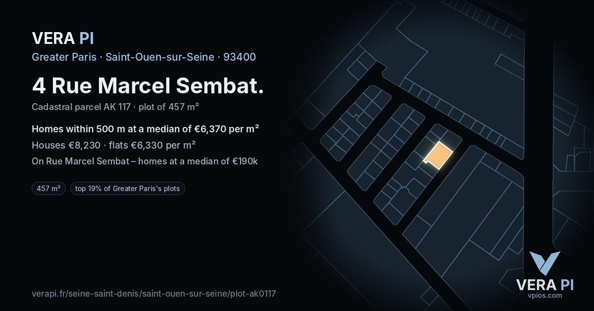 4 Rue Marcel Sembat, Saint-Ouen-sur-Seine at night – the plot lit, the parcels around coloured by the prices near them