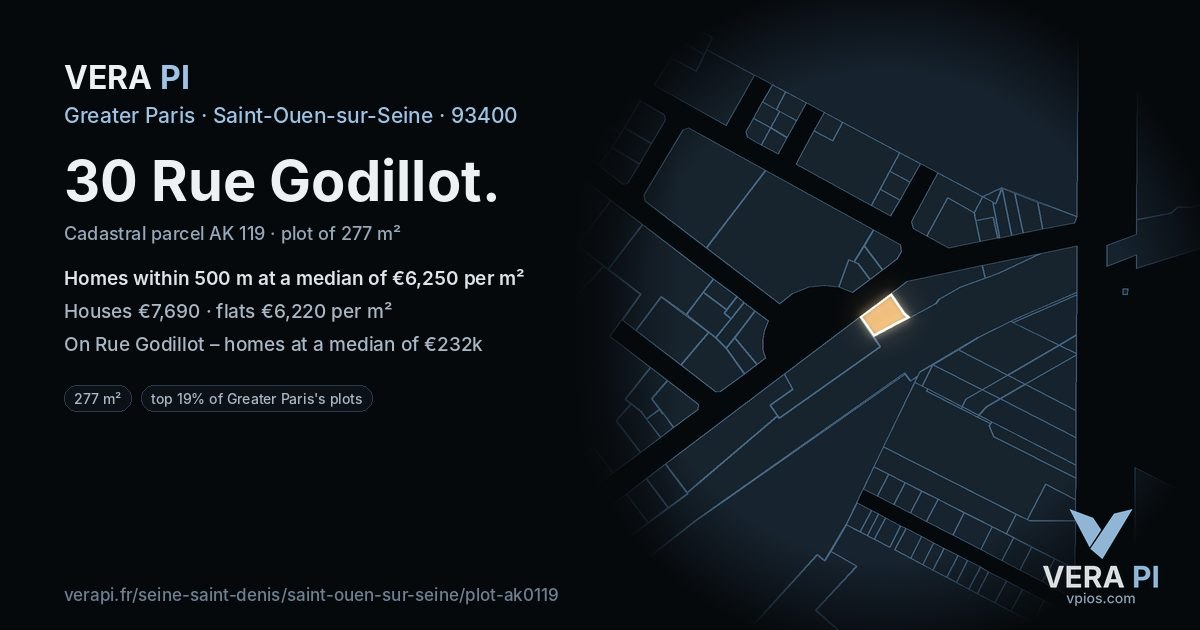 30 Rue Godillot, Saint-Ouen-sur-Seine at night – the plot lit, the parcels around coloured by the prices near them