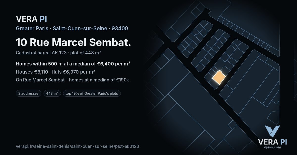 10 Rue Marcel Sembat, Saint-Ouen-sur-Seine at night – the plot lit, the parcels around coloured by the prices near them