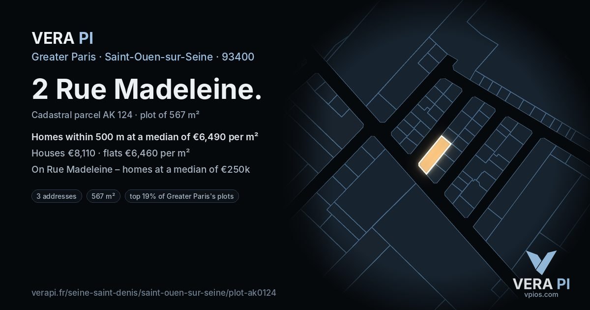 2 Rue Madeleine, Saint-Ouen-sur-Seine at night – the plot lit, the parcels around coloured by the prices near them