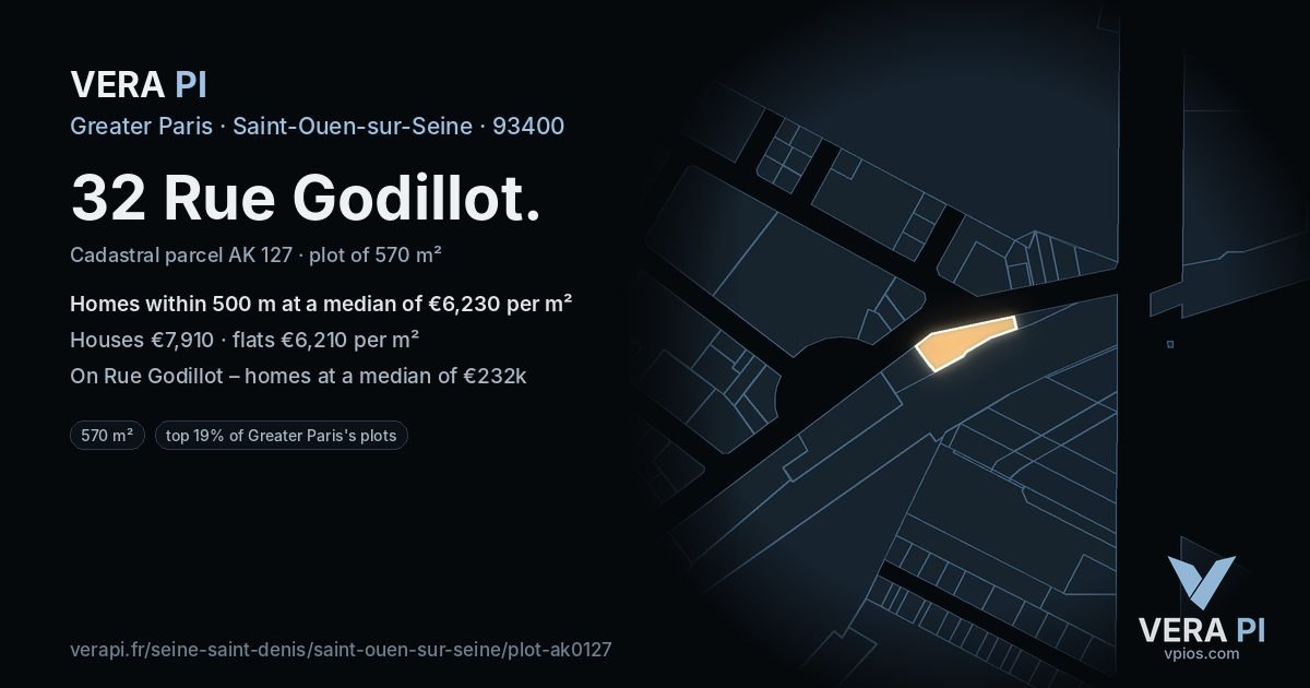 32 Rue Godillot, Saint-Ouen-sur-Seine at night – the plot lit, the parcels around coloured by the prices near them