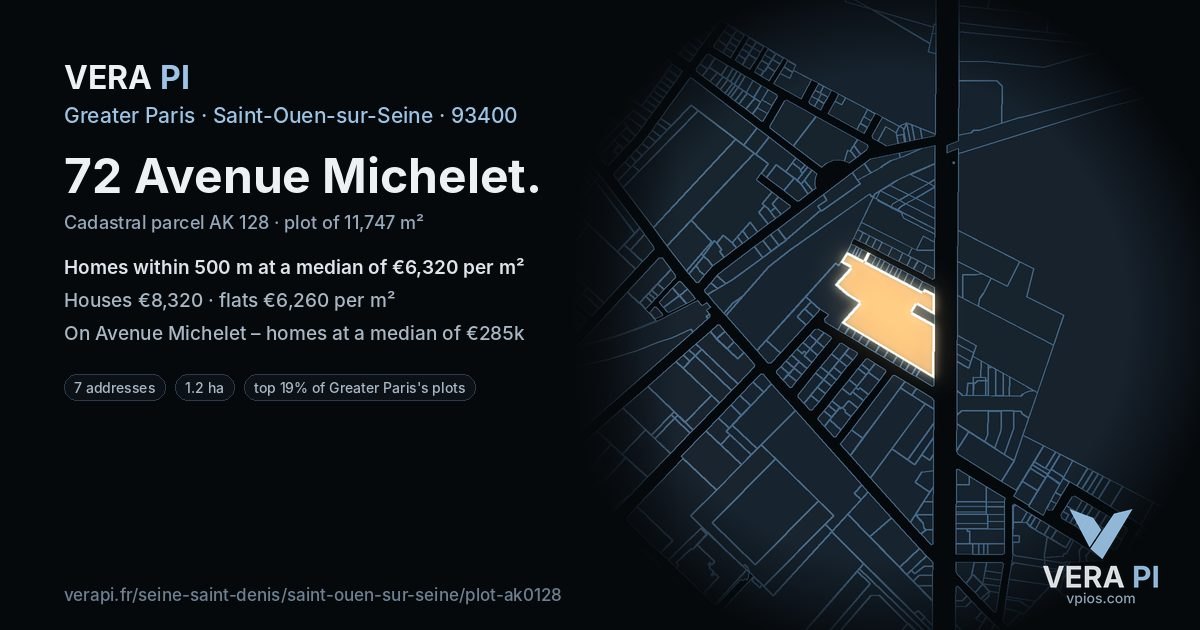 72 Avenue Michelet, Saint-Ouen-sur-Seine at night – the plot lit, the parcels around coloured by the prices near them