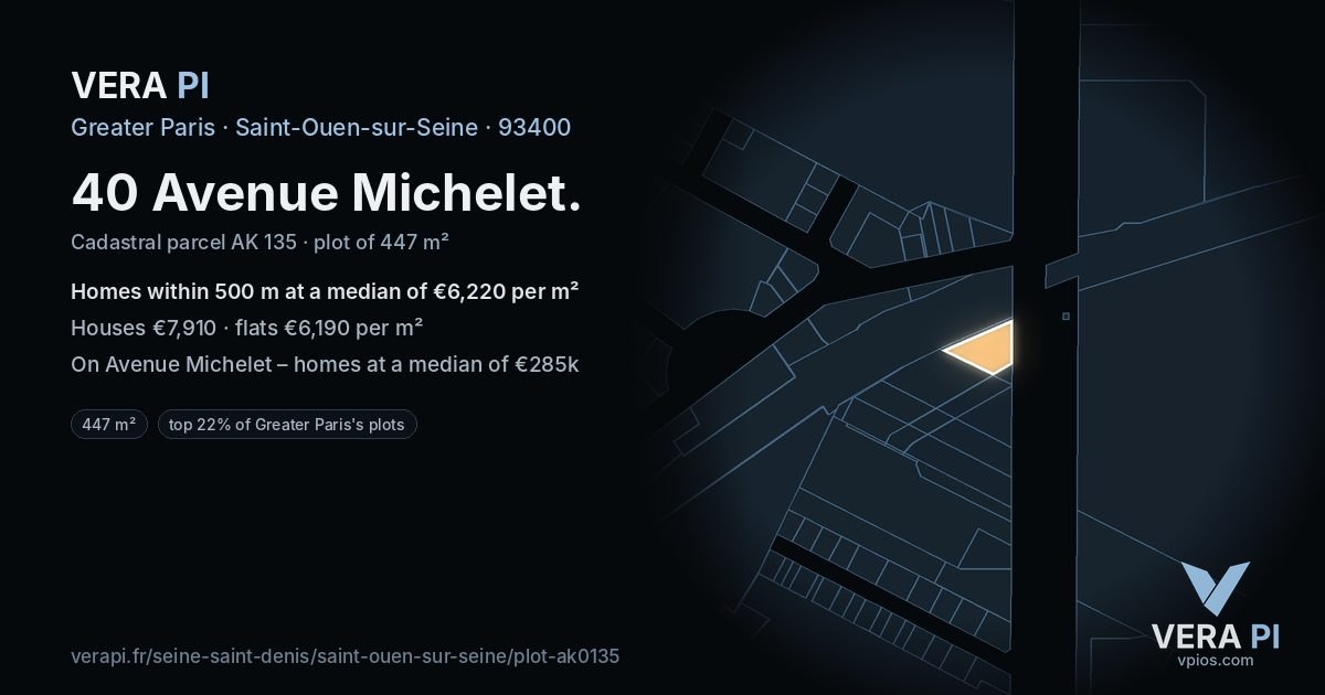 40 Avenue Michelet, Saint-Ouen-sur-Seine at night – the plot lit, the parcels around coloured by the prices near them