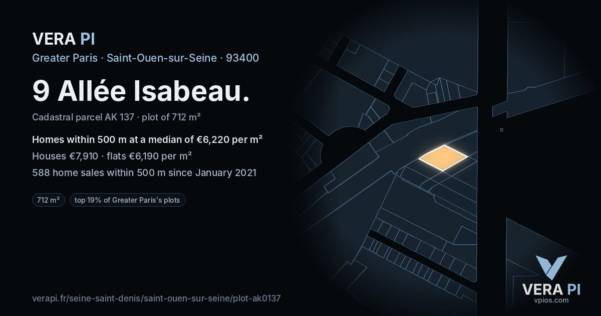 9 Allée Isabeau, Saint-Ouen-sur-Seine at night – the plot lit, the parcels around coloured by the prices near them