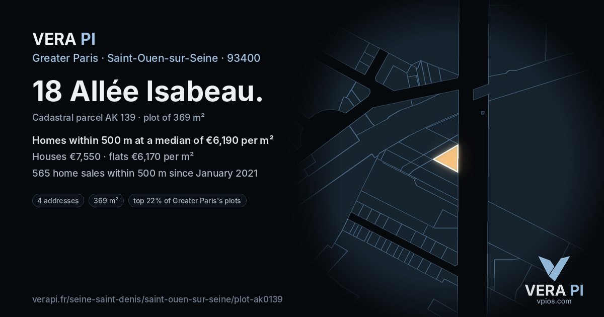 18 Allée Isabeau, Saint-Ouen-sur-Seine at night – the plot lit, the parcels around coloured by the prices near them