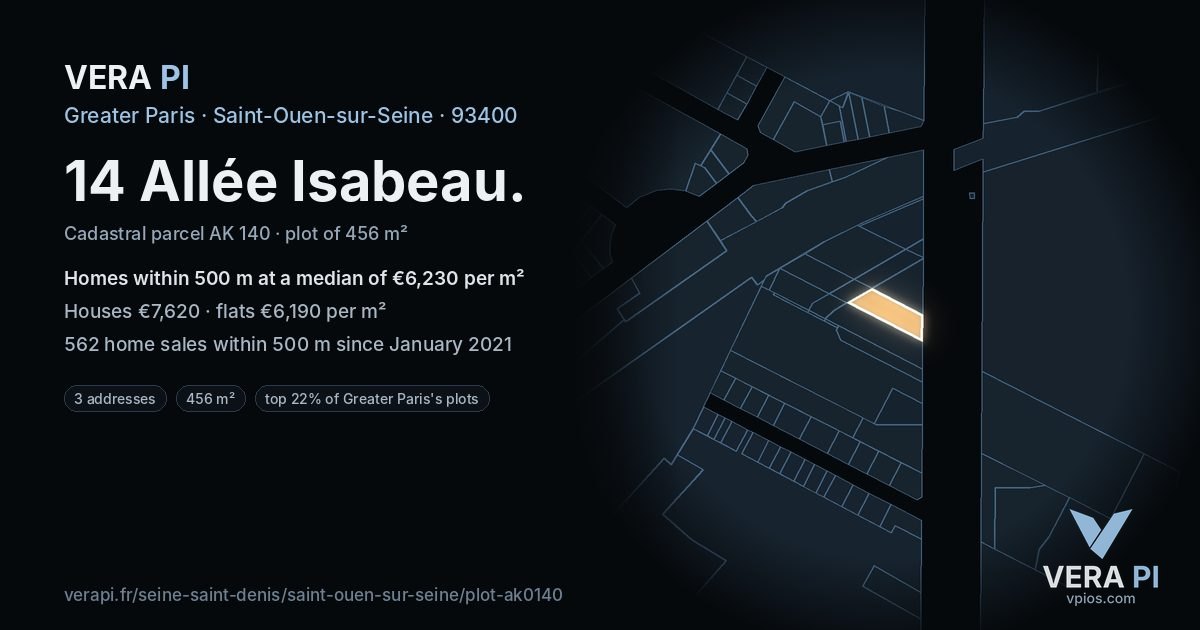 14 Allée Isabeau, Saint-Ouen-sur-Seine at night – the plot lit, the parcels around coloured by the prices near them