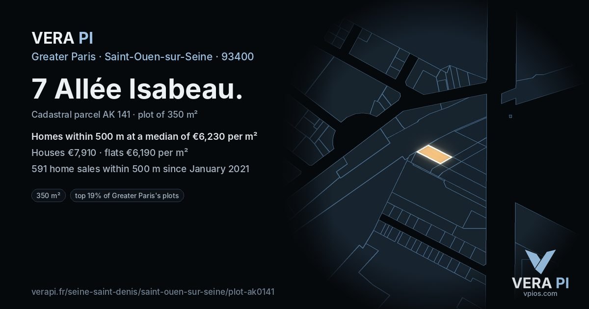 7 Allée Isabeau, Saint-Ouen-sur-Seine at night – the plot lit, the parcels around coloured by the prices near them