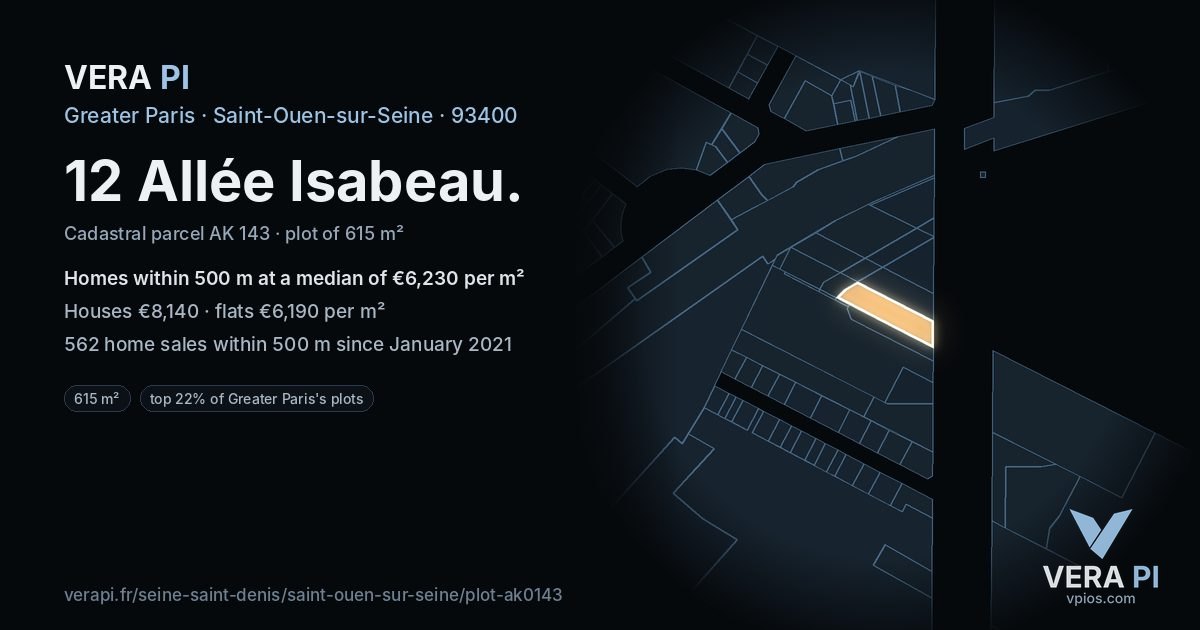 12 Allée Isabeau, Saint-Ouen-sur-Seine at night – the plot lit, the parcels around coloured by the prices near them