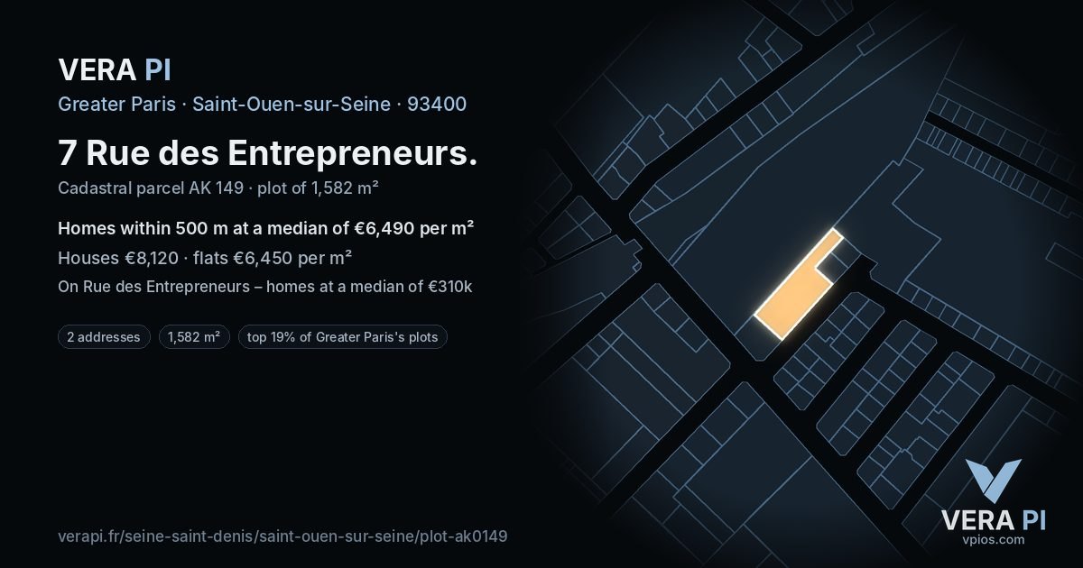 7 Rue des Entrepreneurs, Saint-Ouen-sur-Seine at night – the plot lit, the parcels around coloured by the prices near them