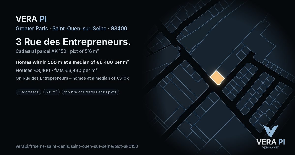 3 Rue des Entrepreneurs, Saint-Ouen-sur-Seine at night – the plot lit, the parcels around coloured by the prices near them