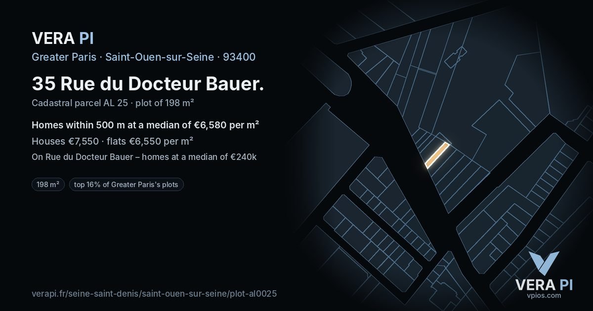 35 Rue du Docteur Bauer, Saint-Ouen-sur-Seine at night – the plot lit, the parcels around coloured by the prices near them