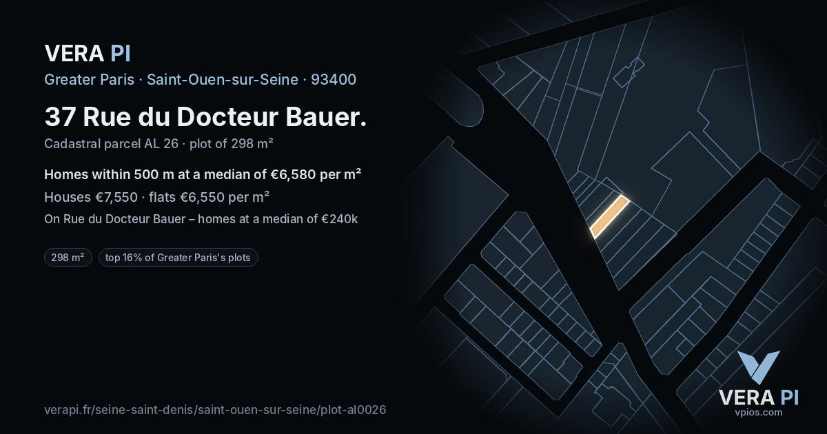 37 Rue du Docteur Bauer, Saint-Ouen-sur-Seine at night – the plot lit, the parcels around coloured by the prices near them