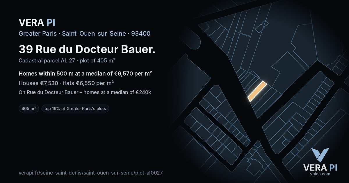 39 Rue du Docteur Bauer, Saint-Ouen-sur-Seine at night – the plot lit, the parcels around coloured by the prices near them